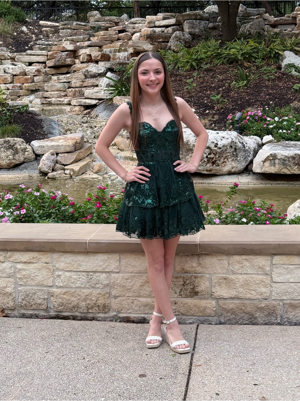 Emerald Green Lace Sequin Tiered Prom Dress